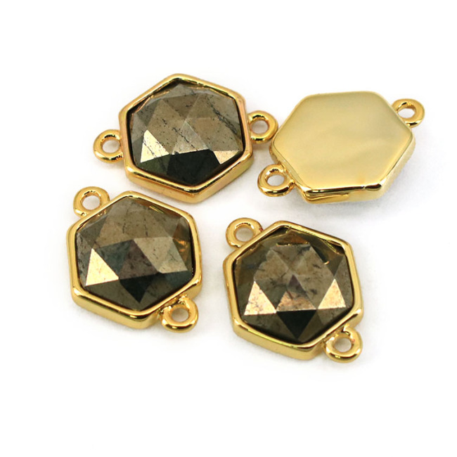 JF8710 Dainty Gold Plated Faceted Natural Labradorite Semiprecious Stone Gemstone Hexagonal Bezel Two Ring Connector