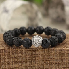 BRS1503 natural lava stone bead stretch bracelet,stainless steel lion head mens bracelet