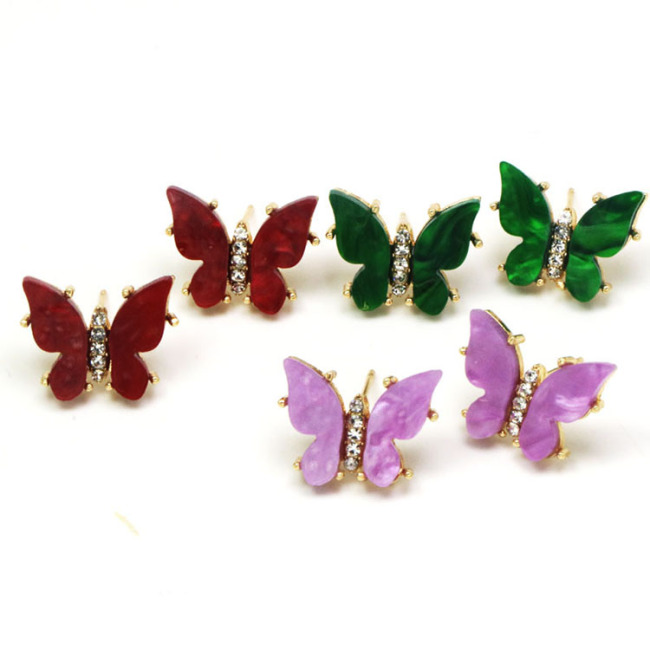 EC1734 Pretty Small Womens 18k Gold Plated Butterfly CZ Micro Paved Resin Acrylic Butterfly Stud Earrings for Women Girls