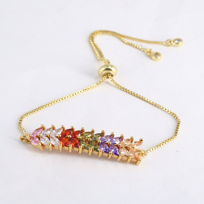 BC1273 Fashion Gold Plated Colorful Zircon Leaf crystal bracelet, CZ Tennis Rainbow Charms Bracelet For Jewelry