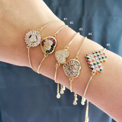 BC1267 Fashion Charm Adjustable Gold plated Brass CZ Micro Pave colourful Heart Chain Wrist Ladies Bracelet