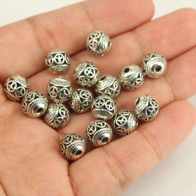 JS1346 Wholesale antique sliver round peace sign spacer beads, Ancient silver supplies metal ball beads