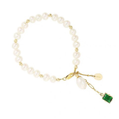Popular Chic adjustable Slide Chain 18k gold plated  freshwater pearl bracelet with green CZ Charm for women