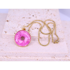 NN1145 Waterproof Gold Plated Stainless Steel Chain Green Fuchsia Jade Stone Donut Pendant Necklace for Women