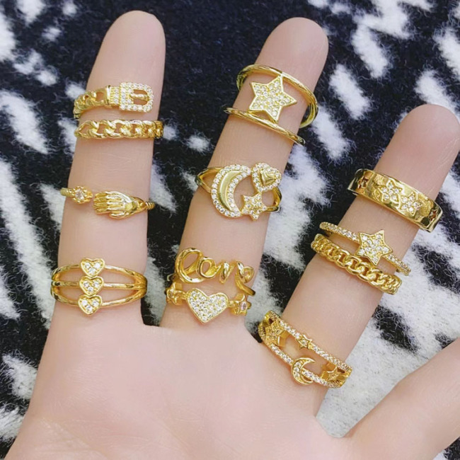 RM1403 Mother's Day Jewelry Gift Dainty 18k Gold Plated Diamond CZ Micro Pave Heart Mama Mom Momma Stackable Rings for Ladies
