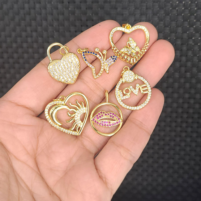 CZ8492 Dainty CZ Micro Pave Jewelry Charms 18k Gold CZ Paved Lock Butterfly Heart Lip Charm Pendants