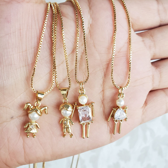 NZ1199 Trendy 18k Gold pearl boy and girl pendant necklace ,fashion cubic zirconia CZ kids children charm chain ladies necklace