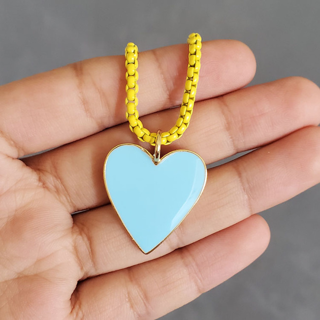 NM1075 2021 Summer Beach Jewelry Gold Plated Enamel Love Heart Pendant Enamel Metal Brass Box Chain Necklace