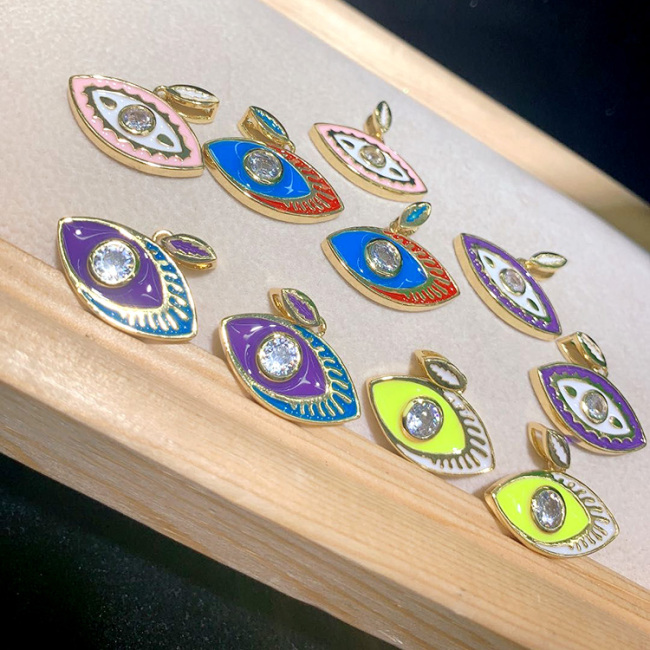 CZ8434 NewJewelry Supplies Rainbow Colored Enamel 18k Gold CZ Pave Evil Eye Charm Pendants