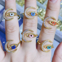 RM1405 New Protection Jewelry Chic CZ Paved Crescent Moon and Multi Colored Colorful Enamel Rainbow Evil Eyes Rings for Ladies