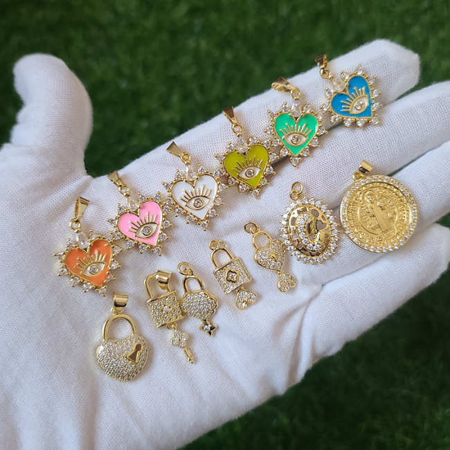 CZ8494 Dainty CZ Micro Pave Jewelry Charms 18k Gold CZ Paved Enamel Heart Lock and Key Saint Benedict Charm Pendants