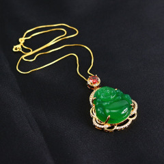 Brass Buddha Pendant Necklace Multi Color Natural Jade Religious Maitreya Jade Pendant Buddha Necklace