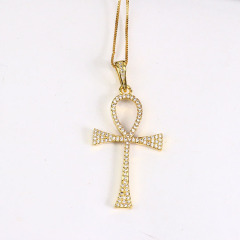 NZ1093 CZ micro pave Elegant Ankh Cross Chain necklace, Gold Ankh Cross Pendant Necklace