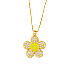 NZ1221 NEW 18K gold plated brass cz diamond micro pave enamel sun flower smiley Charm Pendant Necklaces