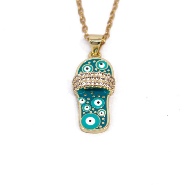 NZ1300  Fashion Small Cute 18k Gold Enamel Evil Eyes Flip Flop Slipper Pendant Stainless Steel Chain Necklace for Women