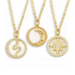 NZ1184 Gold plated Chic Cubic Zirconia CZ Micro Pave Mother of pearl Inlay Moon Kids Smiley Face Round Pendant Chain Necklace