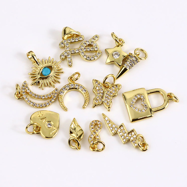 CZ8109 Dainty Mini Cubic Zirconia Diamond CZ Micro Pave Butterfly Key Lock Heart Bracelet Charms