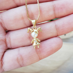 NZ1199 Trendy 18k Gold pearl boy and girl pendant necklace ,fashion cubic zirconia CZ kids children charm chain ladies necklace