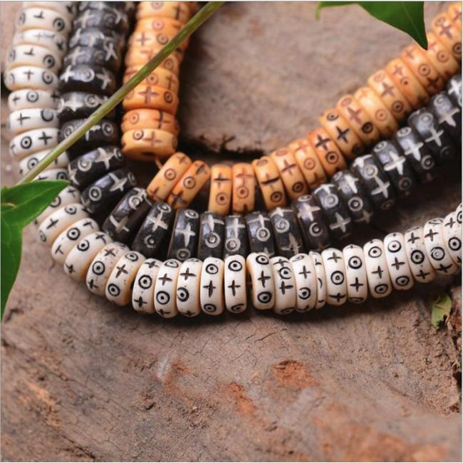 OB0110 White Black Brown Natural Ox Bone Carved Disc Heishi Rondelle Spacer Beads