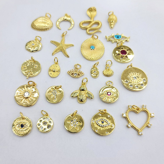 CZ8436 Fashion Dainty 18k gold plated CZ micro pave diamond Shell Starfish Evil Eye Star Tree Signet Disc Round Charm Pendants