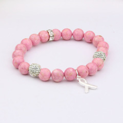 BR0502 Custom Polymer Clay Heishi Disc Beaded Bracelet with charm Stone Beads Beaded Breast Cancer Awareness Bracelet