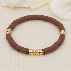 BP1034 Chic Boho Rainbow Polymer Clay Disc Heishi Bead and 18K Gold Accents Surfer Beach Layering Bracelets for Women