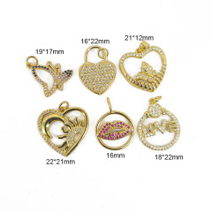 CZ8492 Dainty CZ Micro Pave Jewelry Charms 18k Gold CZ Paved Lock Butterfly Heart Lip Charm Pendants