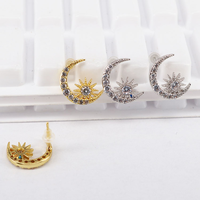 EC1466 New Style CZ Pave Crystal Crescent & Star Earring,Cubic Zirconia Moon And Star Studs Earring