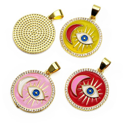 CZ8454 Rainbow Enamel Multicolor CZ Zircon Micro Pave Evil Eyes and Moon on Disc Round Charm Pendant for Necklace Jewelry Making