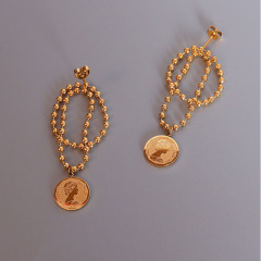 ES1108 New Non Tarnish Trendy Gold Plated Stainless Steel Double Layer Ball Chain Coin Drop Charm Stud Earrings