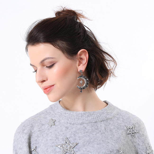 EM1110 Hot Sale Crystal Pave Moon Crescent and Star Mismatched Dangle Earrings for Women