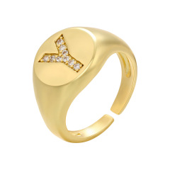 RM1230 18K gold plated brass metal Delicate Diamond Cubic Zirconia Paved Letter Alphabet Initial Adjustable Finger Rings