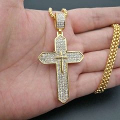 NS1148 fashion hiphop 18K gold plated stainless steel box chain necklace, charm stainless steel CZ cross pendant men necklace
