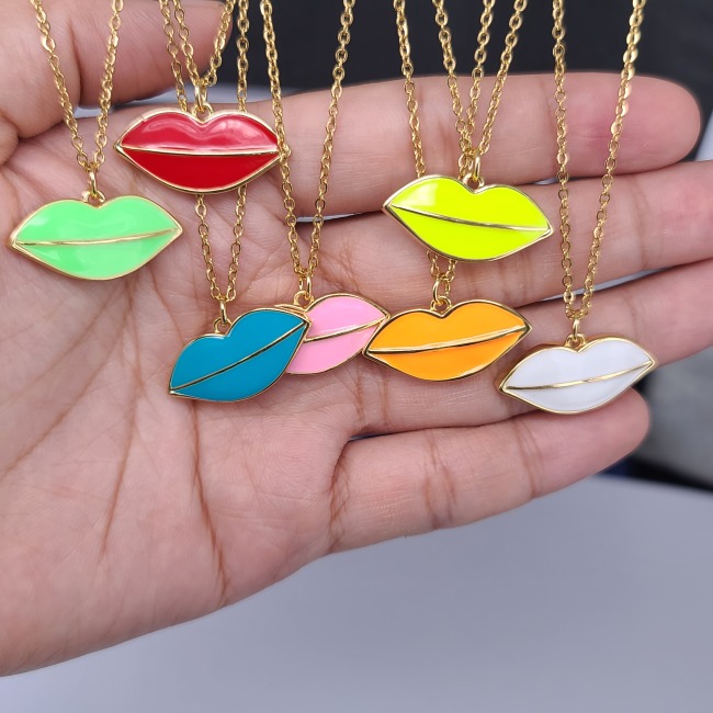 NM1189 18K Gold Plated Colored Enamel Neon Red Pink Lip Pendant Stainless Steel Chain Necklace