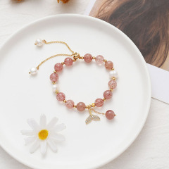 Chic Natural Rutilated Strawberry Quartz Freshwater Pearl Bead Slide Chain Bracelet with CZ Paved Whale Fish Tail Charm