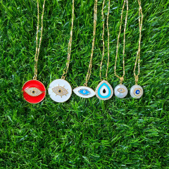 NZ1242 New Chic Dainty Gold Enamel CZ Paved Freshwater Pearl Greek Evil Eye Pendant Chain Protection Necklace for Ladies Women