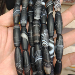 AB0707 Matte black striped agate drum beads,black banded agate barrel beads,mala focal beads