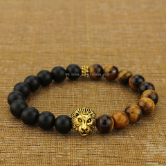 BRA1182 matte onyx &tiger eye beaded gold lion head bracelet,men's homemade bracelets