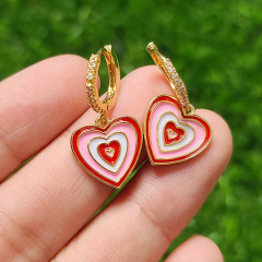 EC1771 18k Gold Plated CZ Rainbow Multicolor Heart Dangling Drop Charm Huggies Hoop Earrings