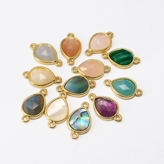 JF8712 Dainty Gold Plated Faceted Natural moonstone Semiprecious Stone Gemstone Teardrop Bezel Two Ring Connector