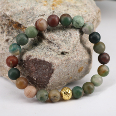 BN5280.Matte Indian Agate Gemstone And Gold Lava Women Beaded Bracelet