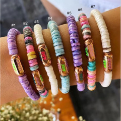 BE2023 New design Fashion Colorful Shell Heishi Disc Beaded Gold Words Tube Elastic Bracelet