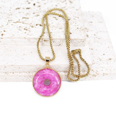 NN1145 Waterproof Gold Plated Stainless Steel Chain Green Fuchsia Jade Stone Donut Pendant Necklace for Women