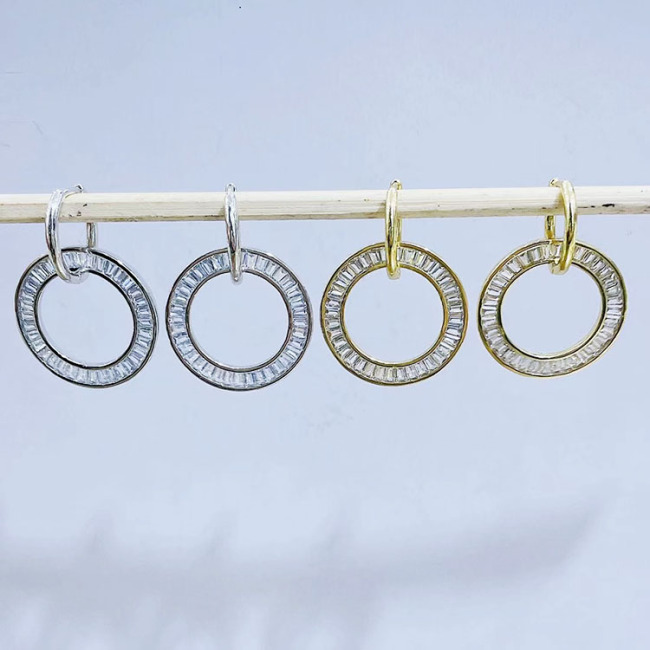 EC1796 2021 Womans Fashion Gold Plated Clear CZ Baguette Micro Pave Circle Donut Dangle Charm Huggies Hoop Earrings