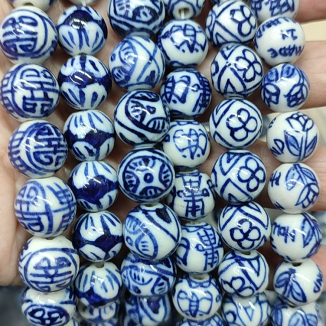 CC1888 12MM Hand Painted Ceramic Blue White Porcelain Round Beads ,Chinoiserie China Blue White Double Happiness Longevity Beads