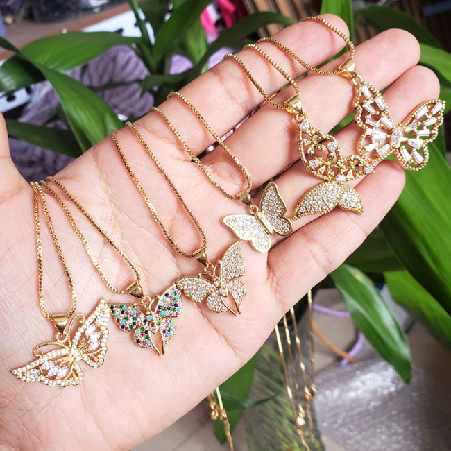 NZ1200 Trendy charm butterfly pendant women necklace ,fashion shiny cubic zircon charm box chain ladies necklace