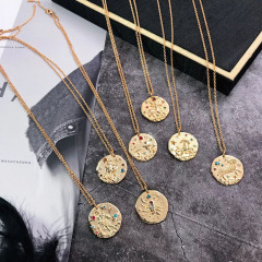 NZ1143 Star Constell Rainbow Gold Plated Brass CZ Micro Pave Horoscope Zodiac Sign Round Coin Disc Pendant Necklace