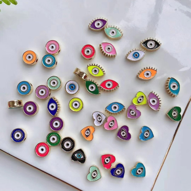 JS1620 18K Gold Plated Rainbow Colorful Enamel Brass Metal Heart Star Round Shape with Evil Eyes Spacer Beads for Jewelry Making