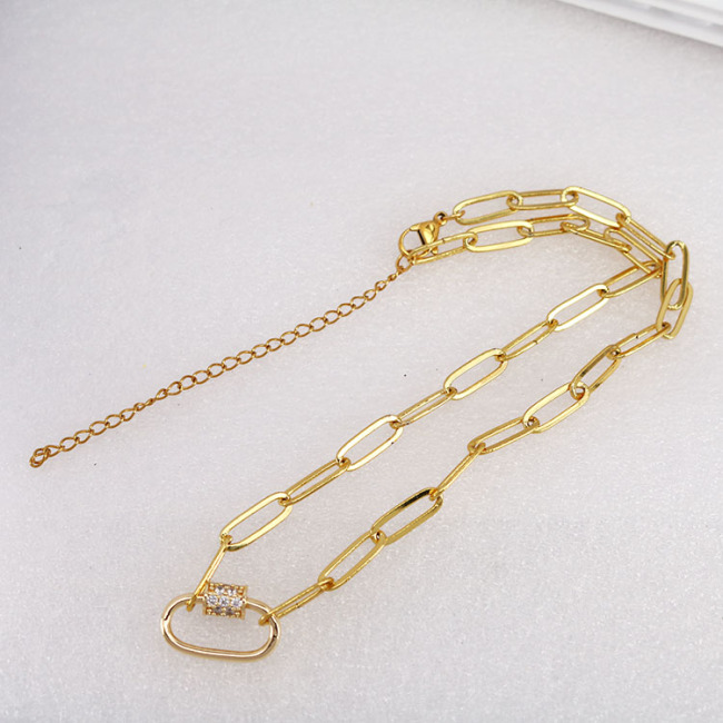 NZ1073 Dainty Jewelry Chic Gold Cubic Zirconia CZ Micro Pave Carabiner Clasp Buckle Lock Pendant Paper Clip Chain Necklace