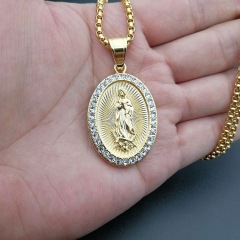 Unisex High Quality Tarnish Free 18k Gold Plated Stainless Steel Crystal virgen de guadalupe Pendant Necklace